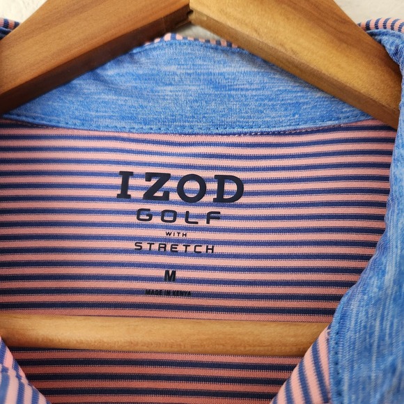 IZOD Golf Shirt Men's Medium Pink Blue Pin Stripes - Picture 4 of 7
